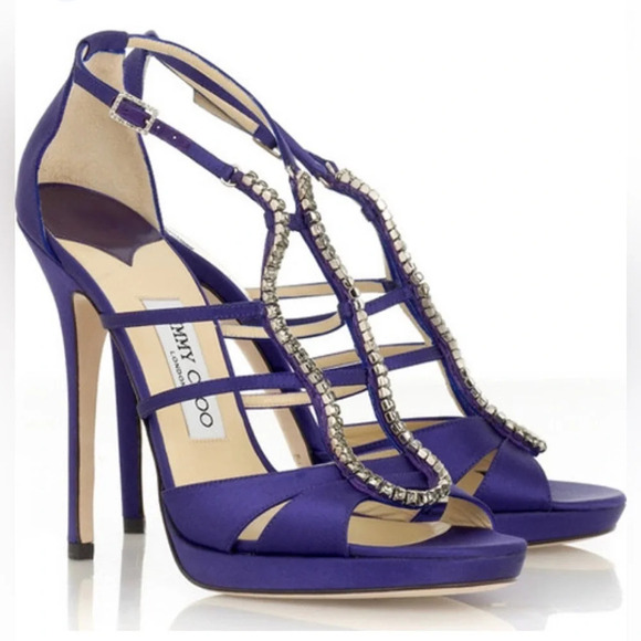 Jimmy Choo Strappy Crystal Embellished Sandals in Purple Satin - Picture 16 of 16
